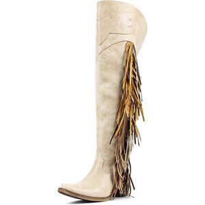 Women Beige Polyurethane Pointed Toe Fringe Adjustable Thigh High Cowgirl Boot